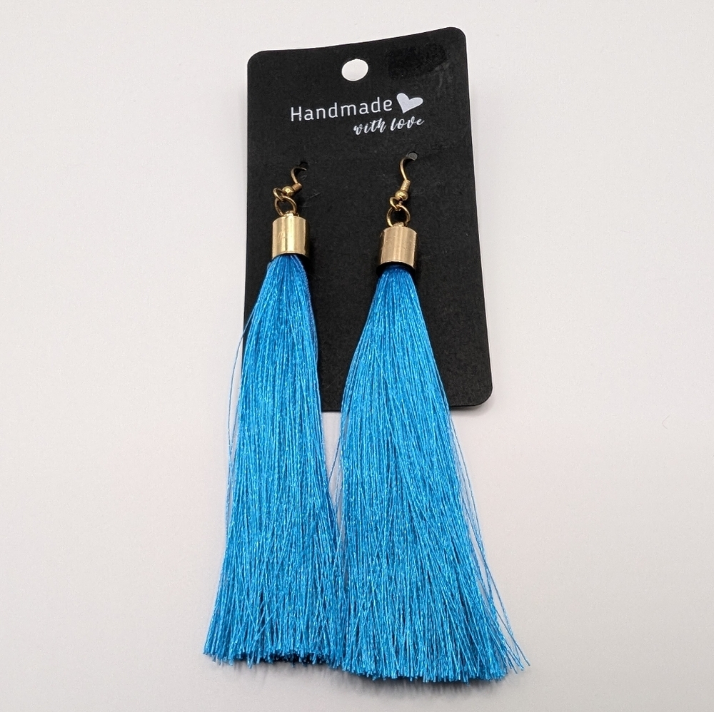 Handmade Blue Tassel Fringe Earrings Gold Tone Top Hook 4.5" NEW